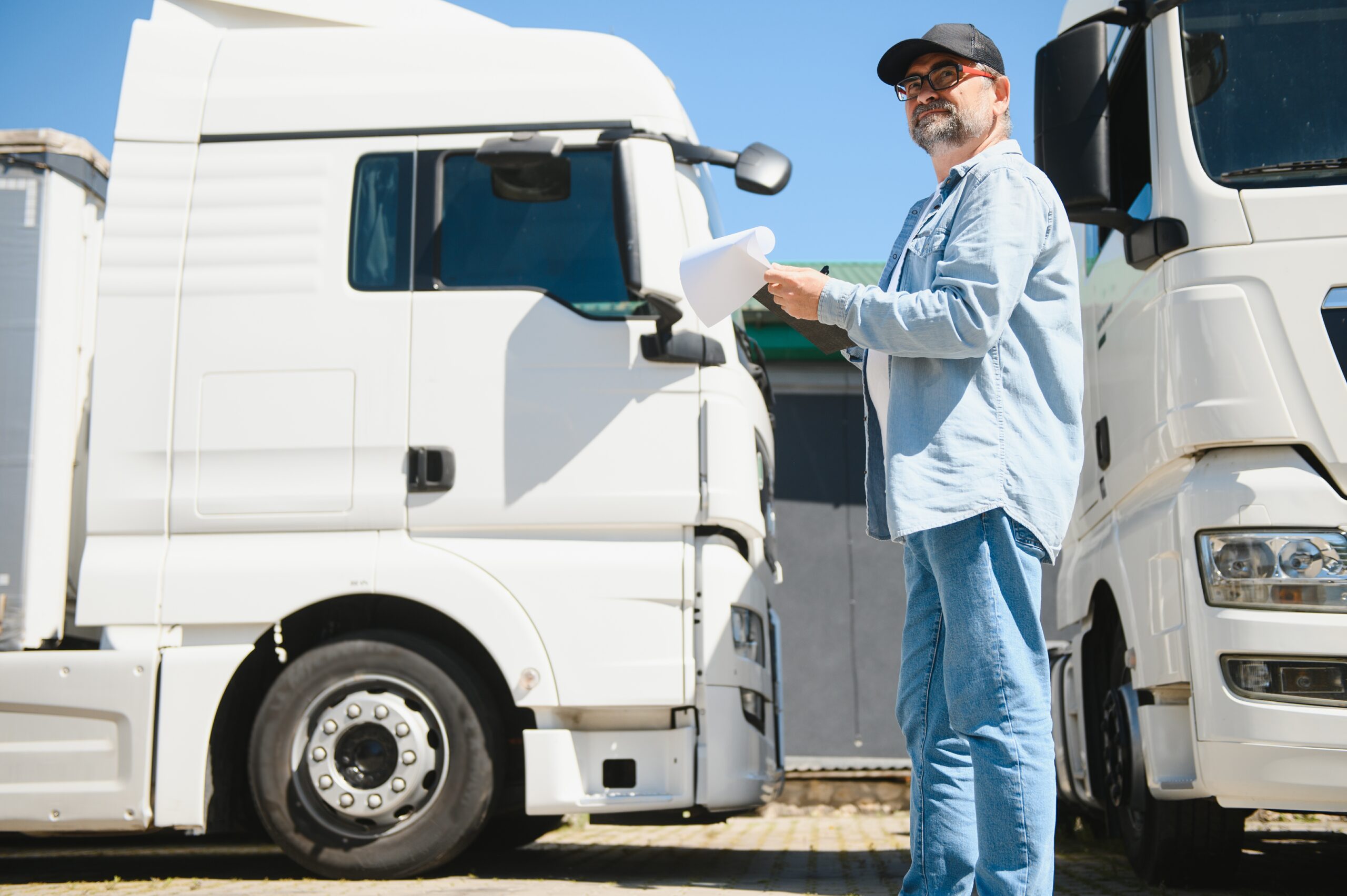 Happy confident male driver standing in front on his truck.