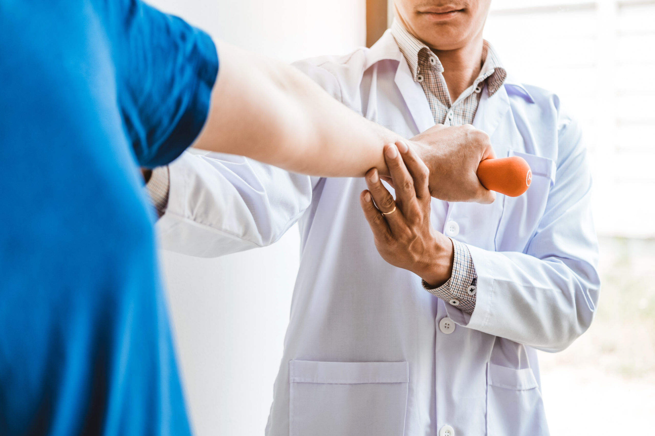 Physical Doctor consulting with patient About  muscule pain problems Physical therapy diagnosing concept